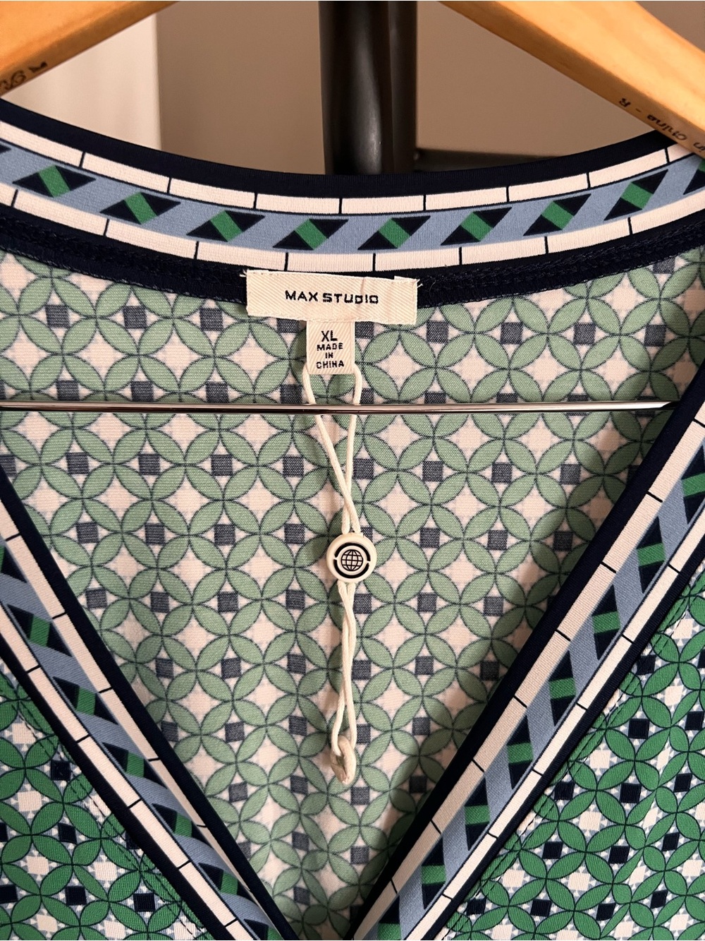 U.S. Size XL - Max Studio Green Printed Wrap Dress with Navy Trim - Picture 3 of 5
